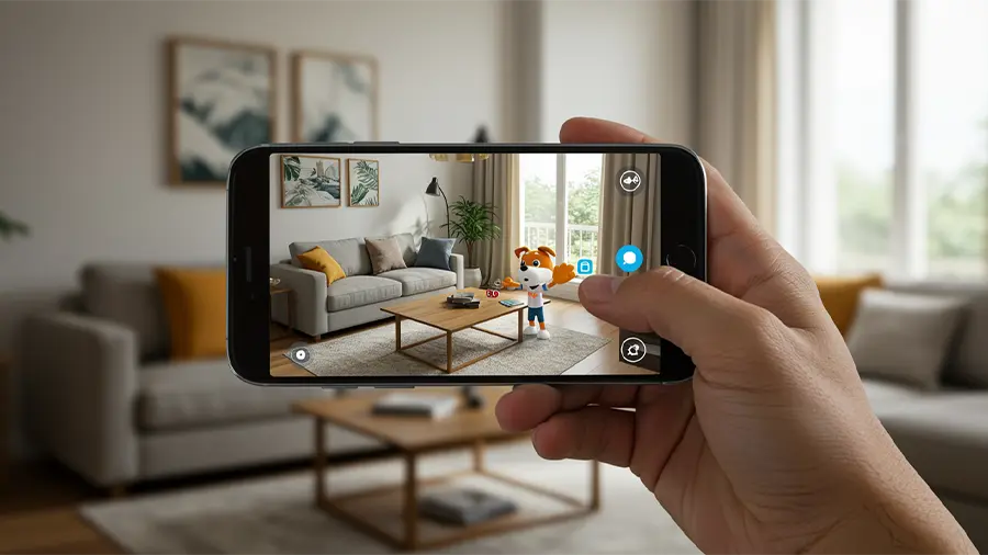 A phone showing off its AR capabilities. The phone is using its camera. The phone displays the room with an animated, cartoon-like dog in the living room.