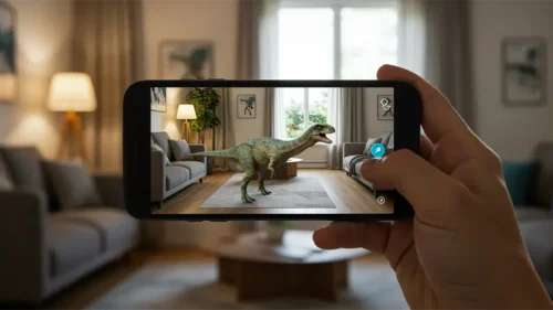 A close up image of a hand holding a phone in a living room. On the phone it displays it's AR capabilities, showing a dinosaur in the living room.