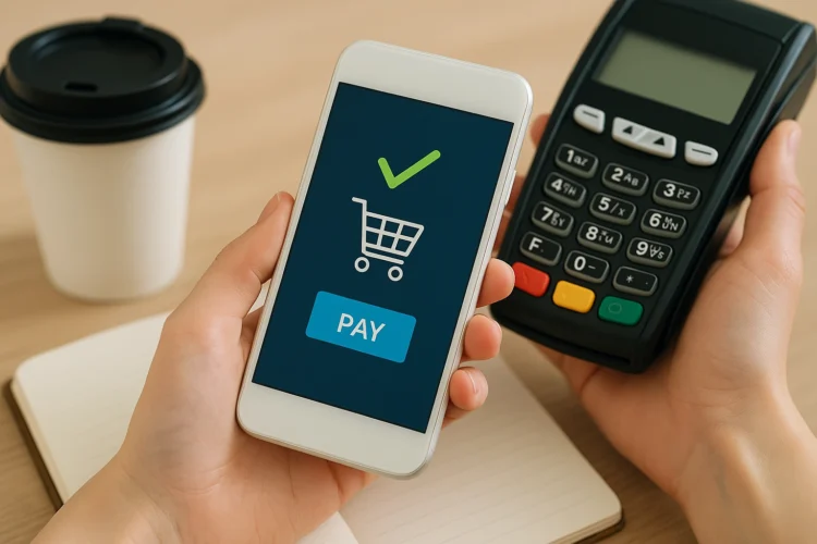 A person using tap to pay functionality to pay for products.