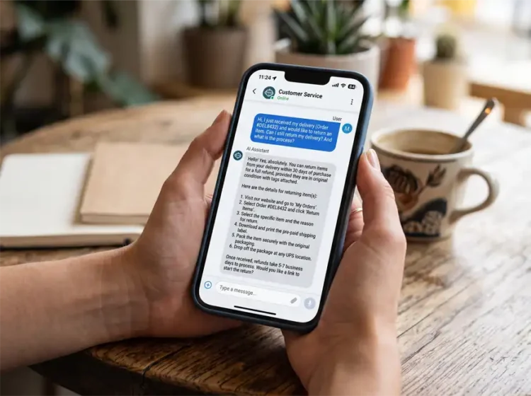 A person holding a phone. Displaying on the phone is a customer asking a question in a message tab and AI customer service answering back with all the information the customer needs.