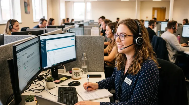 An image of a woman in a customer service office answering a customer service call.