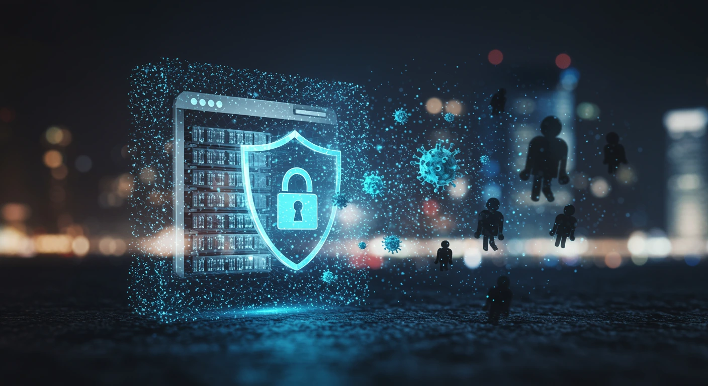 A professional illustration of a projected website displaying a shield and lock representing cybersecurity. It is defending against shadows and computer viruses.