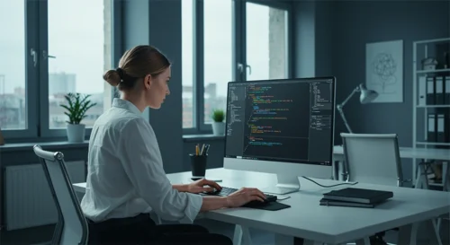 A woman editing code on her computer screen in an office.