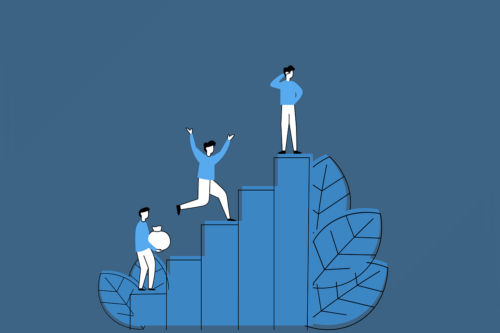 A professional cartoon illustration of a person walking up a graph.