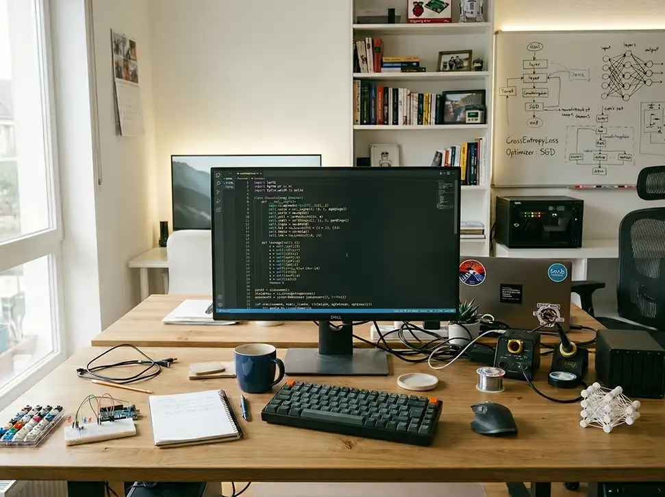 AI code on a computer screen in an office