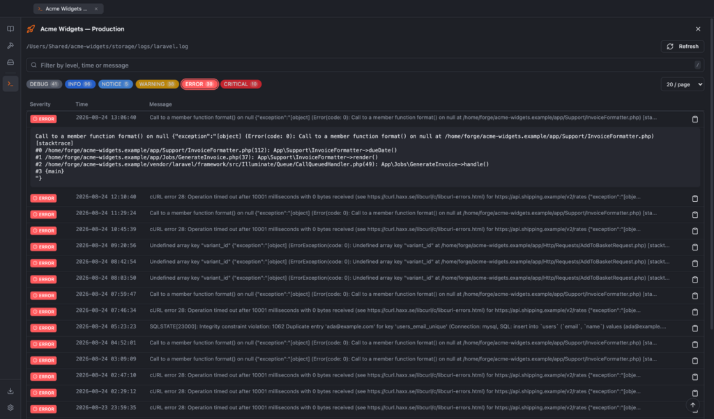 Tailspin filtered to errors, with one entry expanded to show its full stack trace