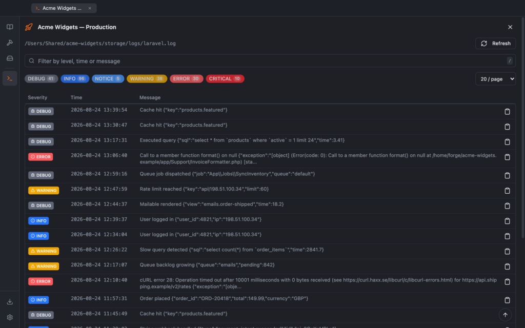 Tailspin showing a production Laravel log as rows with severity, time and message