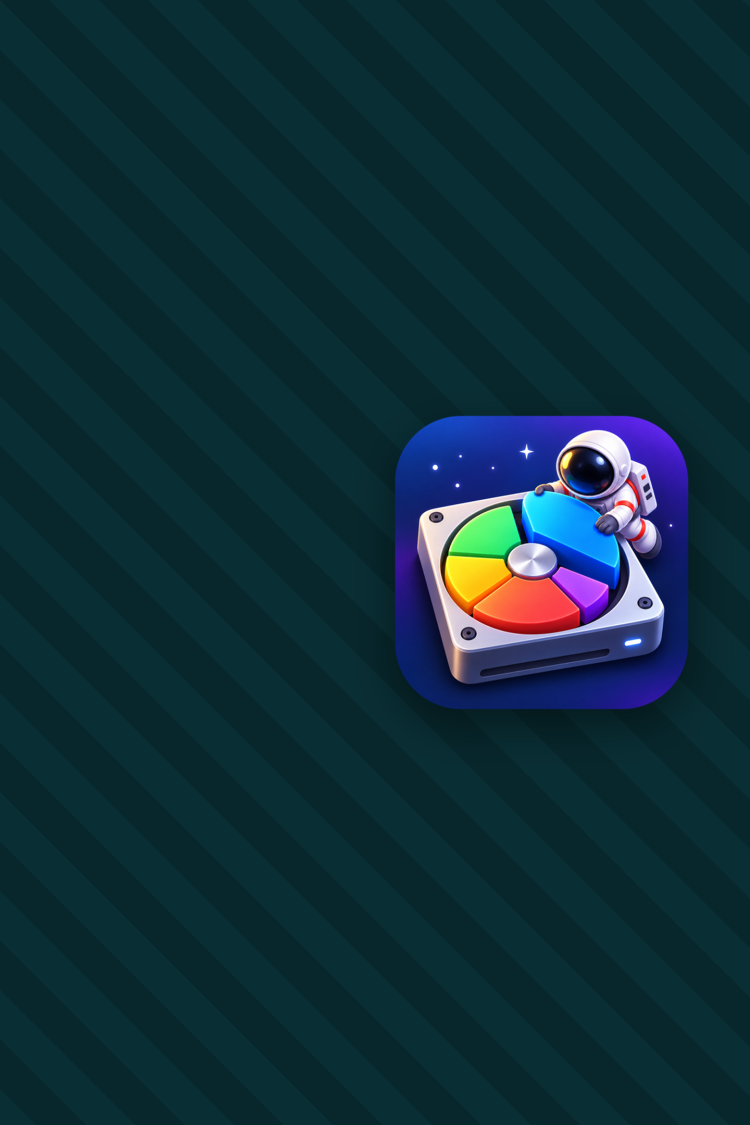 The SpaceMan app icon: an astronaut lifting a slice out of a colourful hard drive