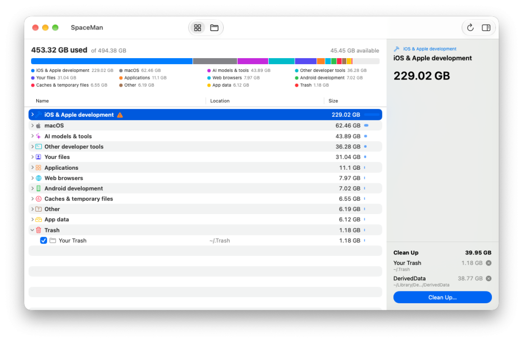 SpaceMan showing disk usage grouped into categories such as iOS and Apple development, macOS and AI models and tools, with a Clean Up list in the sidebar